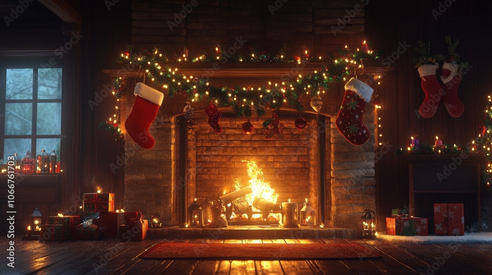 Obraz premium Cozy Christmas Fireplace with Decorations and Gifts