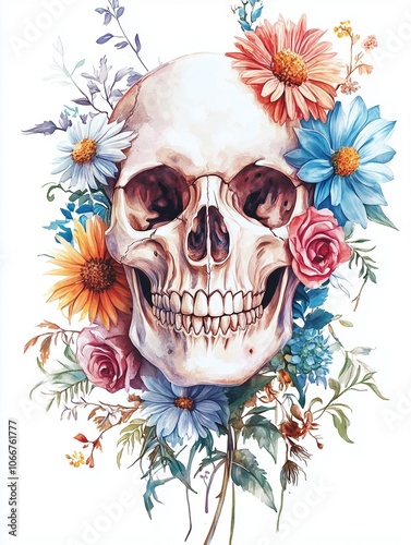 a boho-style art piece featuring a realistic human skull adorned with a variety of colorful flowers and foliage