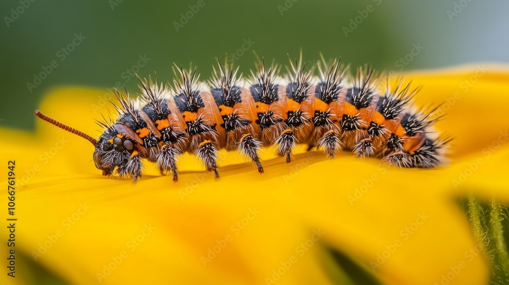 Fototapeta premium Colorful Caterpillar on Vibrant Flower Petal