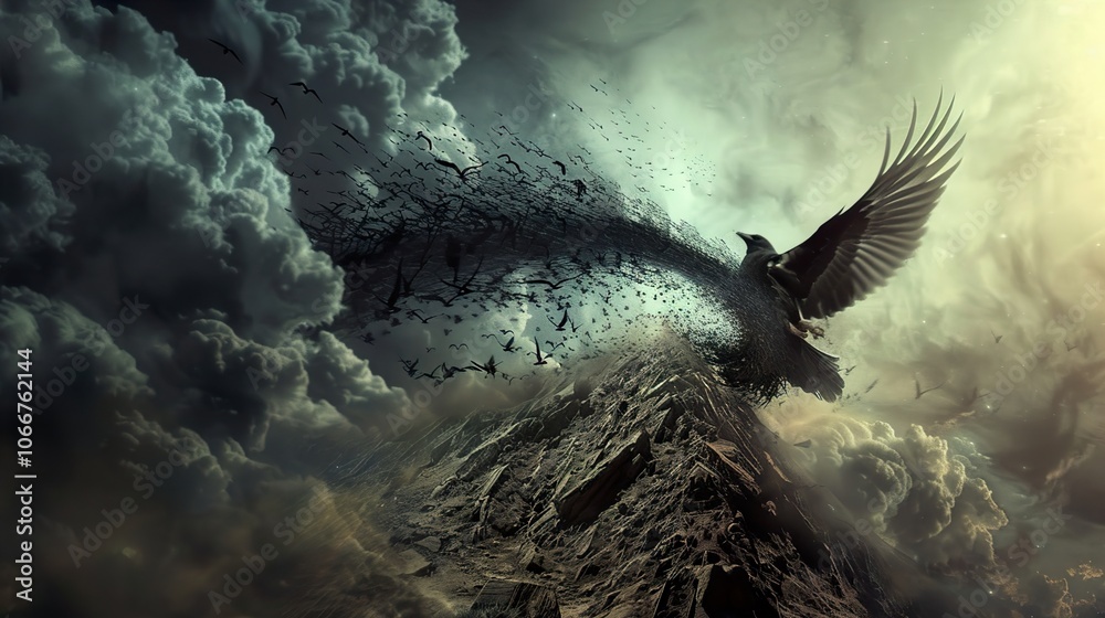 Fototapeta premium Dark Sky with a Single Bird Soaring Above a Mountain Peak