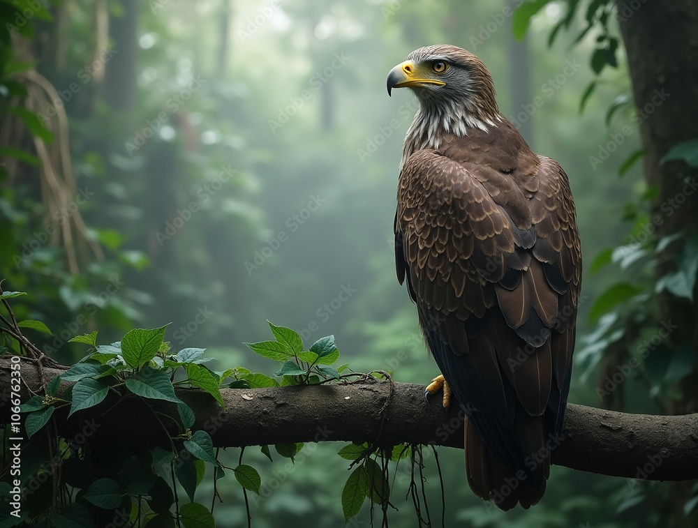 A majestic eagle perched on a branch, its gaze piercing the misty forest. A majestic eagle perched on a branch, its gaze piercing the misty forest.