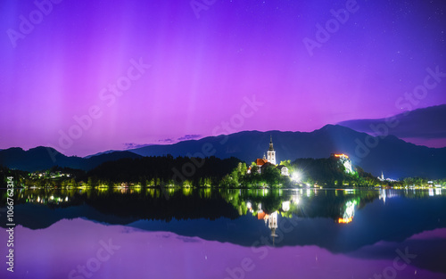 night landscape at Bled with aurora,lake and mountains