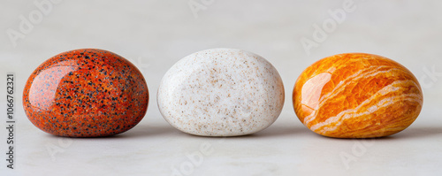 Warmcolored stones stacked in balance, A beautifully arranged set of three polished stones photo