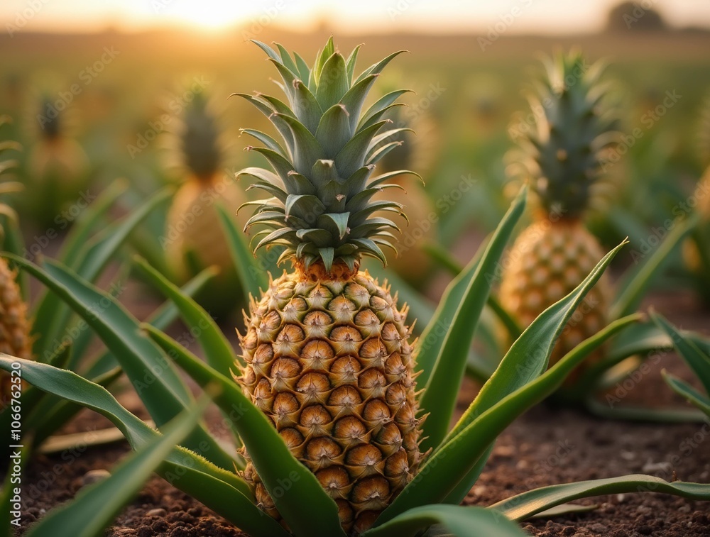 Golden pineapples stand tall in a sun-drenched field, their spiky crowns catching the warm light. Golden pineapples stand tall in a sun-drenched field, their spiky crowns catching the warm light.
