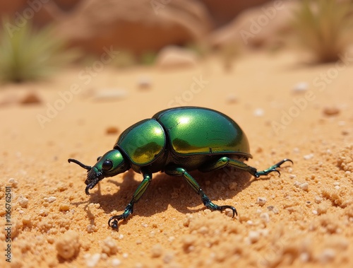 Close-up of a metallic green beetle, its iridescent shell reflecting the desert light.