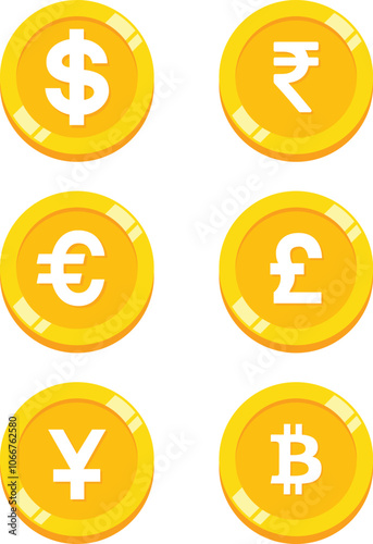 Currency vector icons. World money symbols collection. Coins icon. Vector illustration of dollar, indian rupee, bitcoin, euro, pound, yen coin in yellow