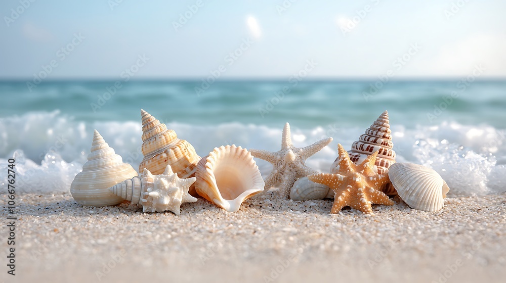 Discover the beauty of seashells and starfish along the tranquil shoreline Discover the beauty of seashells and starfish along the tranquil shoreline