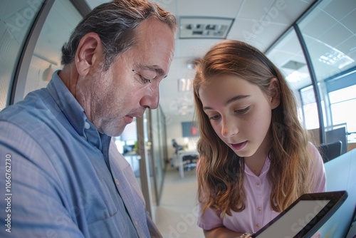 Close interaction between a male executive and a young female employee, sharing a tablet. Fish-eye lens shot to exaggerate the office space around them