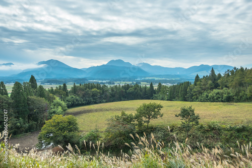 Landscape view of forest and mountain at Oita, Kyushu, Japan photo