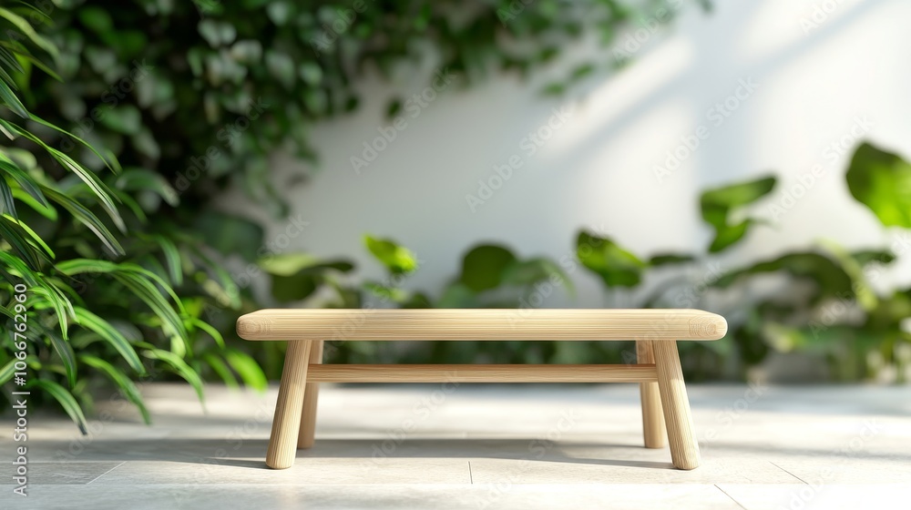 A minimalist wooden table sits against a backdrop of lush green plants, creating a serene, nature-inspired atmosphere. A minimalist wooden table sits against a backdrop of lush green plants, creating a serene, nature-inspired atmosphere.