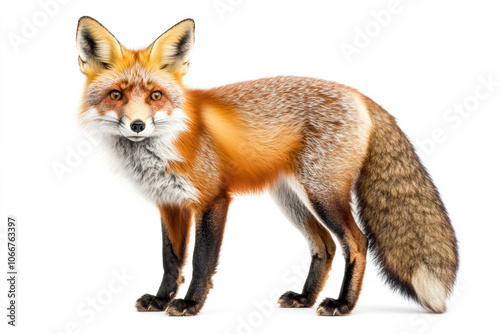 Portrait of a red fox with orange fur standing on a white background, isolated. Cute forest animal, bushy tail, alert gaze, natural wildlife, symbol of adaptability, red fur, forest, side view