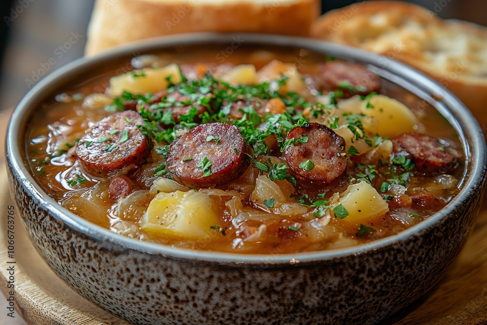 Close-up of Savory Sausage and Potato Soup with Parsley Garnish Close-up of Savory Sausage and Potato Soup with Parsley Garnish