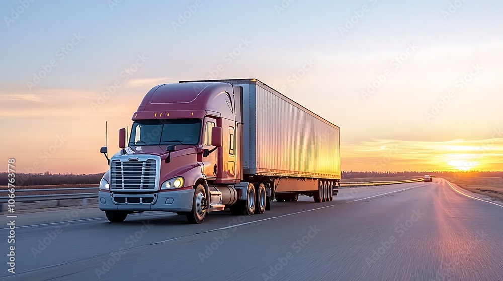 Trucks transport goods efficiently on open highways during sunset hours Trucks transport goods efficiently on open highways during sunset hours