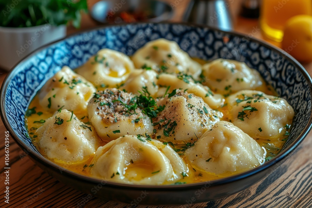 A bowl of dumplings with parsley and oil A bowl of dumplings with parsley and oil