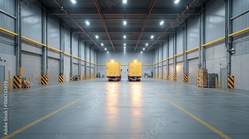 Efficient logistics operations in a modern warehouse with delivery trucks ready for dispatch