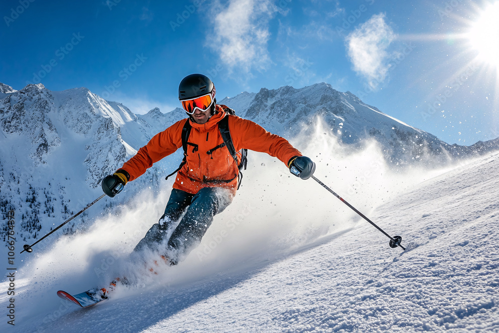 young man skiing from mountain, winter leisure and sports concept young man skiing from mountain, winter leisure and sports concept