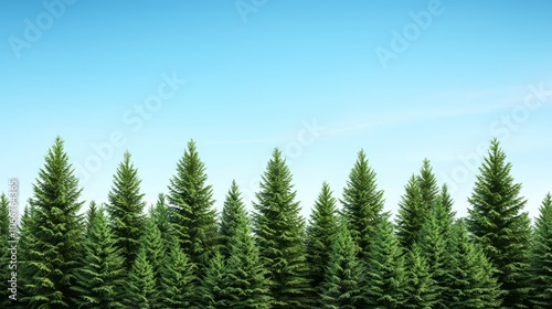 Dense evergreen tree line against a clear blue sky, serene natural landscape.