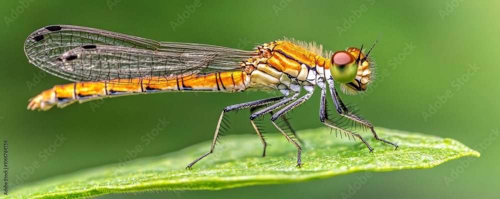 Detailed close-up of a dragonfly perched on a green leaf. Detailed close-up of a dragonfly perched on a green leaf.