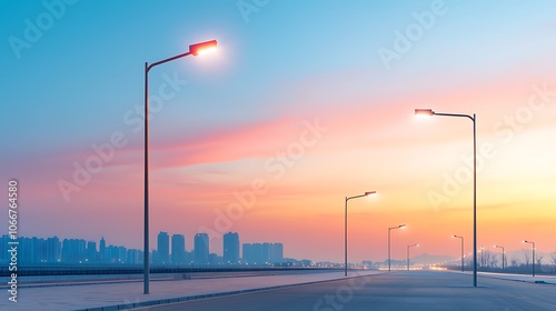 Explore the serene beauty of streetlights against a stunning sunset sky over urban landscapes