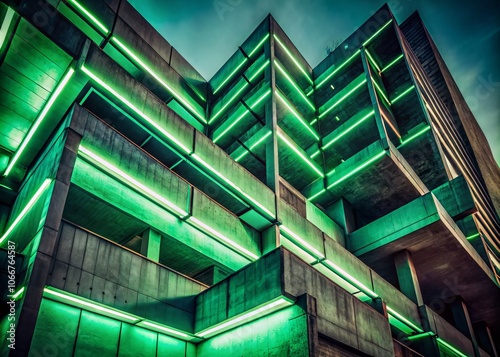 Vintage Green Neon Brutalism Background with Retro Aesthetic, Urban Architecture, and Moody Lighting for Unique Artistic Projects and Visual Storytelling photo