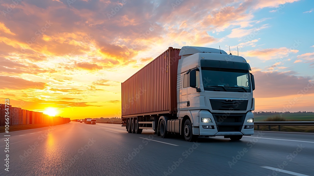Trucks transport cargo efficiently on open roads during stunning sunsets Trucks transport cargo efficiently on open roads during stunning sunsets