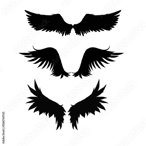Vector Black raven wing isolated with feather texture , Vector,. Wing of bird isolated on white background. Wings icons set on transparent background. Angel wings icon vector set. Eagle, bird,