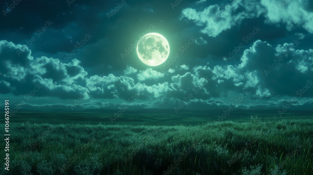 Fototapeta premium A serene landscape featuring a glowing full moon illuminated in a starry night sky, surrounded by wispy clouds over a vast grassy field