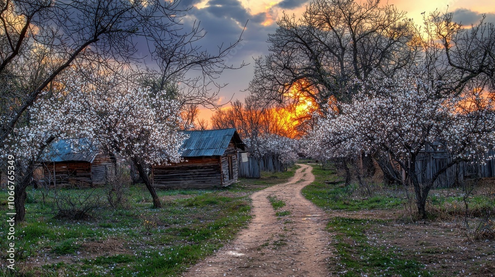 A serene pathway lined with blossoming trees leads to a warm sunset, evoking tranquility and natural beauty. A serene pathway lined with blossoming trees leads to a warm sunset, evoking tranquility and natural beauty.