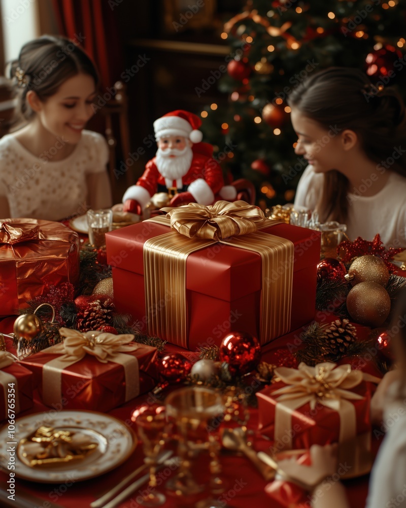 Gift box festive with family , red and gold big ribbon, Christmas theme, Gift box festive with family , red and gold big ribbon, Christmas theme,