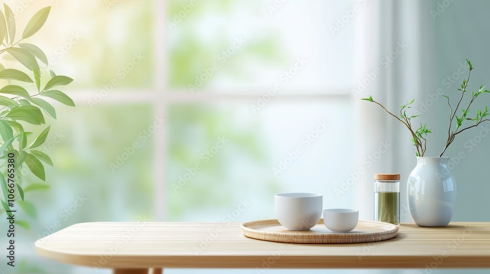 A serene, sunlit scene featuring a wooden table with tea cups, a green plant, and a decorative vase, creating a calming atmosphere. A serene, sunlit scene featuring a wooden table with tea cups, a green plant, and a decorative vase, creating a calming atmosphere.