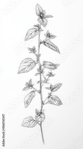 Mint, detailed hand drawing of the line, botanical flower, medicinal herbs, light clean background. Generative AI