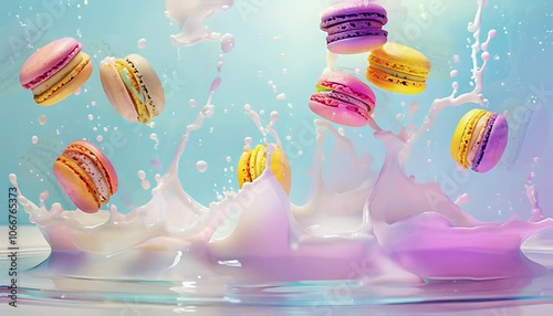 Colorful macarons in pink, yellow, and purple falling into a pool of milk, creating splashes, evoking sweetness and indulgence.