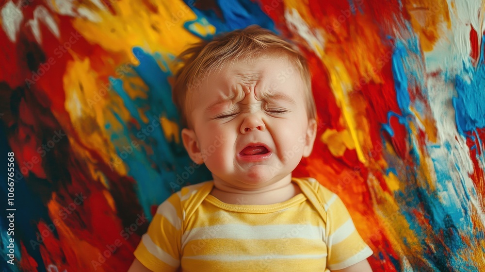 A baby boy crying on colorful background. Use for articles about emotions and feelings. A baby boy crying on colorful background. Use for articles about emotions and feelings.