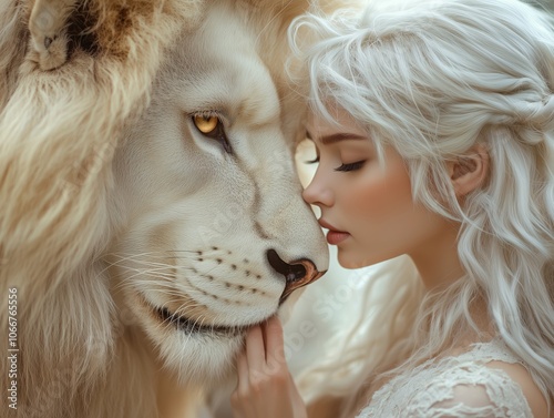 White lion with golden eyes, a blond beauty touches his face very tenderly with her face, her eyes are downcast, she touches the lion's mane tenderly with her hands photo