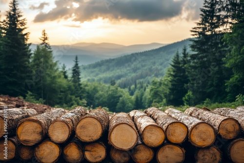 A serene landscape featuring stacked logs in the foreground with a lush green forest and rolling hills in the background under a cloudy sky