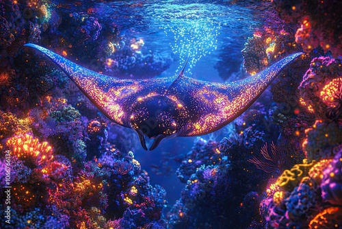 A glowing manta ray gliding through an underwater world filled with radiant coral reefs and spiraling beams of light from above, its body reflecting the ethereal glow of the ocean's currents photo