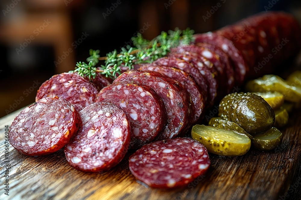 Salami Slices and Pickles on a Wooden Board Salami Slices and Pickles on a Wooden Board