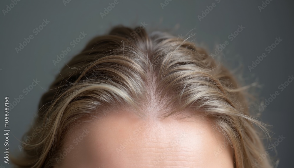 Close-Up of Woman's Scalp Showcasing Light Brown and White Hair. Close-Up of Woman's Scalp Showcasing Light Brown and White Hair.