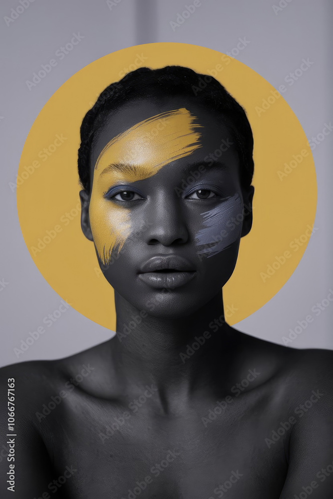 Portrait of a woman with artistic face paint, black-and-white tones enhanced with bold yellow and grey brushstrokes Portrait of a woman with artistic face paint, black-and-white tones enhanced with bold yellow and grey brushstrokes
