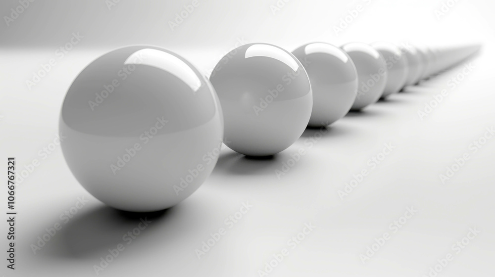 A row of white spheres with one in the middle. The spheres are all the same size and are lined up in a row A row of white spheres with one in the middle. The spheres are all the same size and are lined up in a row