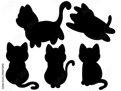 Hand drawn silhouette of a cute kitten in various poses
