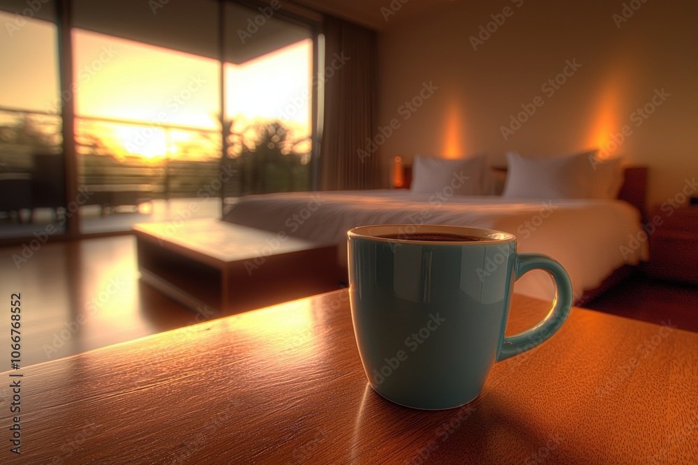 Obraz premium A serene morning scene featuring a coffee cup on a wooden table, with a cozy bedroom and sunrise in the background.