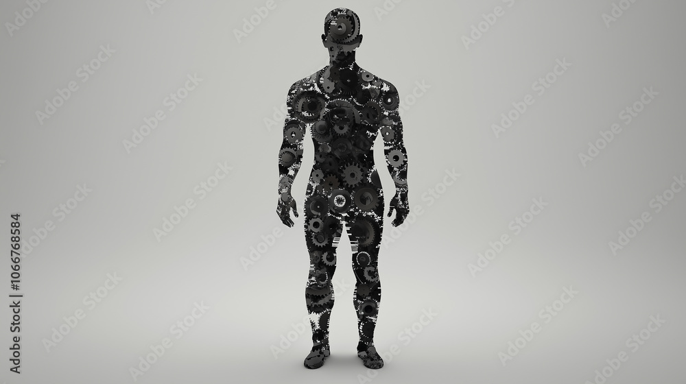 Human silhouette filled with gears and pistons, symbolizing biomechanical transformation Human silhouette filled with gears and pistons, symbolizing biomechanical transformation