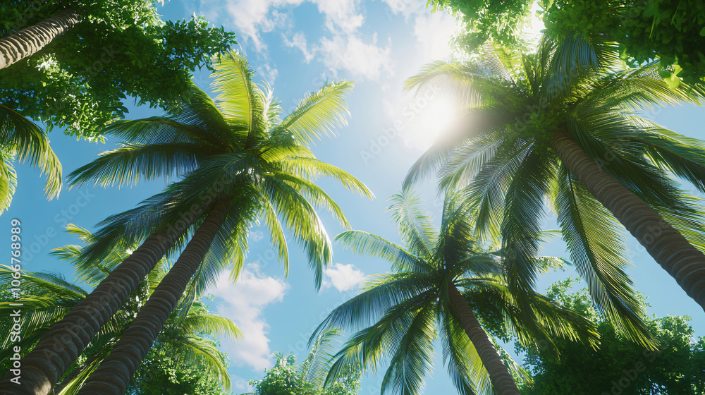 A vibrant view of tall palm trees against a bright blue sky, capturing the essence of tropical paradise for travel. A vibrant view of tall palm trees against a bright blue sky, capturing the essence of tropical paradise for travel.