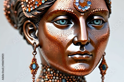 copper, iron, symbol, woman with smooth features, agate stone, light colors, realistic