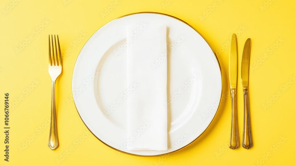 Minimalist served white plate with golden fork and knife, copy space, yellow background. Generative AI Minimalist served white plate with golden fork and knife, copy space, yellow background. Generative AI