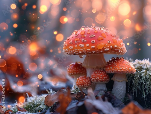 Enchanted Forest: A Family of Red Mushrooms in a Glowing Bokeh Setting