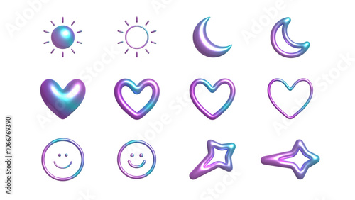 Moon stars sun smiley heart 3D effect holographic Y2K vector elements