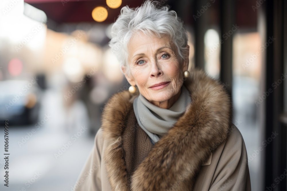 Portrait of happy senior woman in fur coat looking at camera in city Portrait of happy senior woman in fur coat looking at camera in city