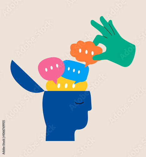 Thoughts enter the brain. The influence of others on a person's thinking. Colorful vector illustration